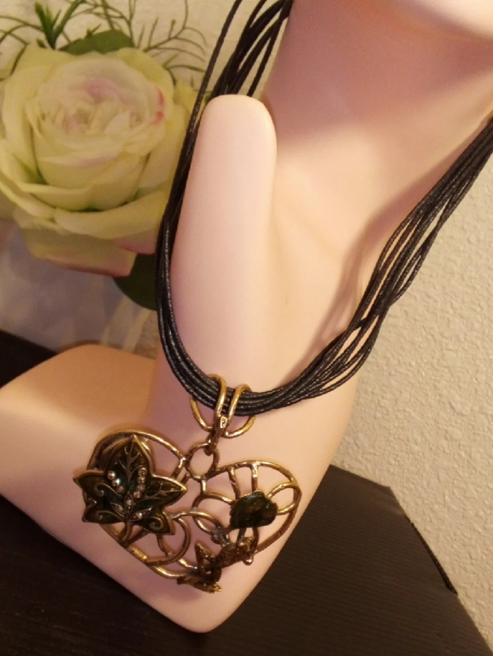 Gold-Tone Heart Leaf Pendant Necklace with Black Cord